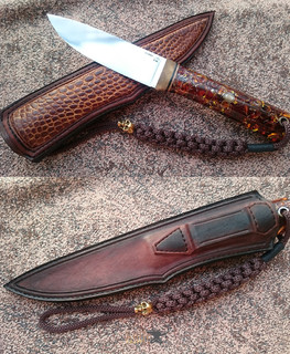 самодельный походный нож ручной работы с янтарной рукояткой в Туле из порошковой Элмакс HRC 60