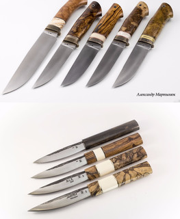 якутские ножи из M390 с рукоятками из стаб. шпальт бука и бивень моржа, на одном айронвуд и бивень моржа и тёмный - Зирикоте от Александра Мартынюка (Emfitemzis)