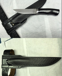 черный охотничий нож с черными кожаными поясными ножнами ручной работы в Туле