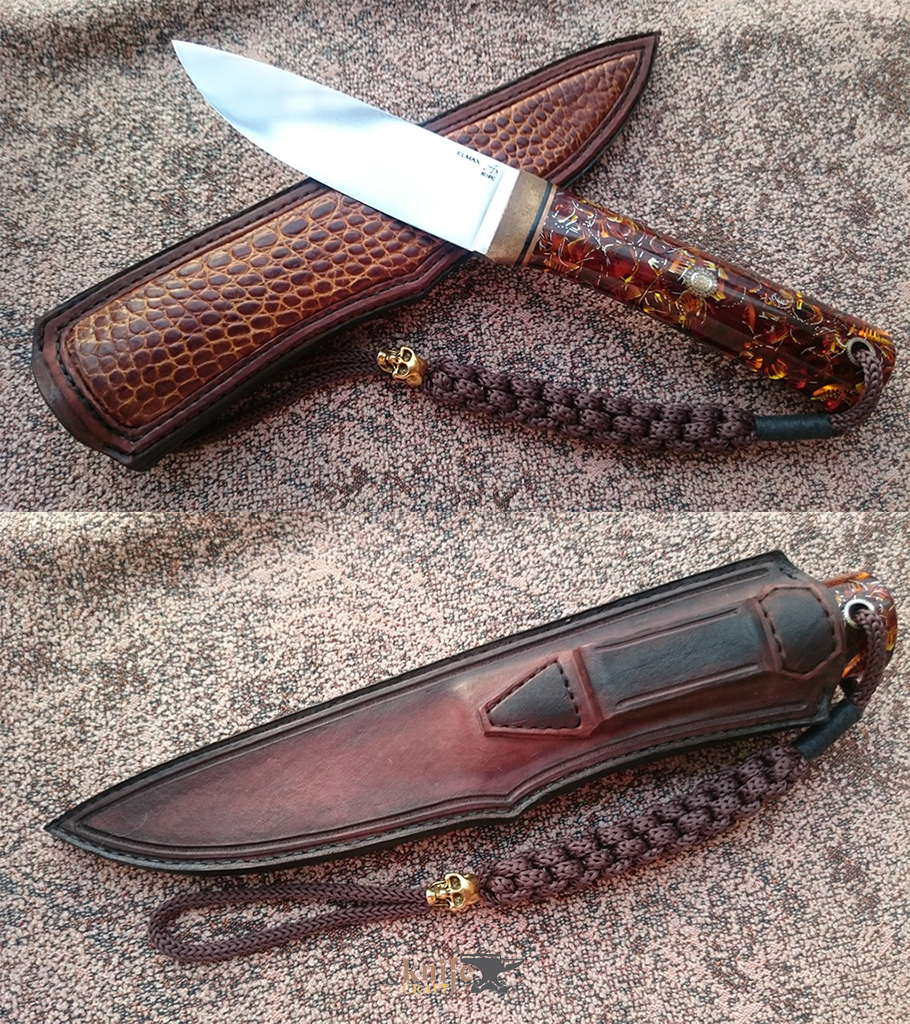 самодельный походный нож ручной работы с янтарной рукояткой в Туле из порошковой Элмакс HRC 60