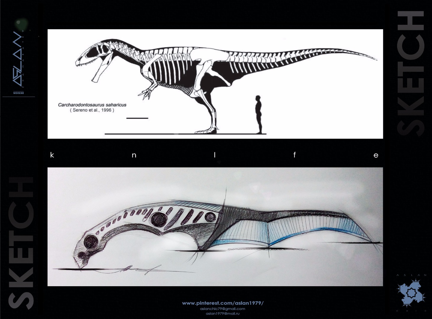 эскиз нож динозавр Аслан Жанабаев Knives & design