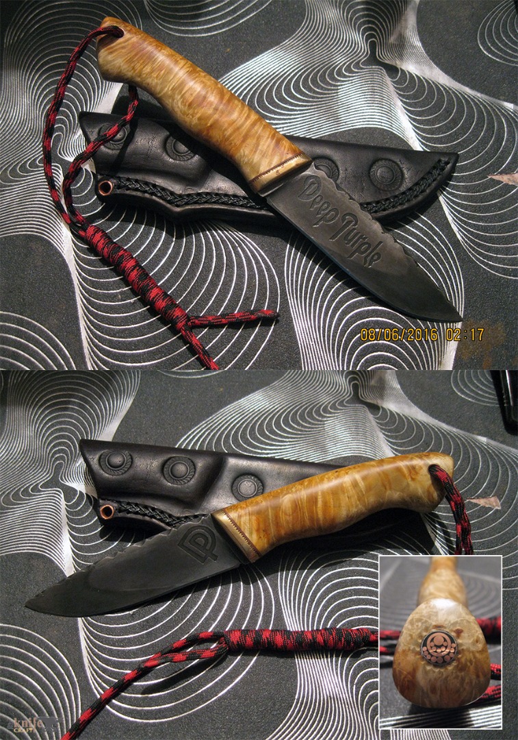 Knife for fans deep purple out of ShKh15 on the handle of a Karelian birch, made by Mehord