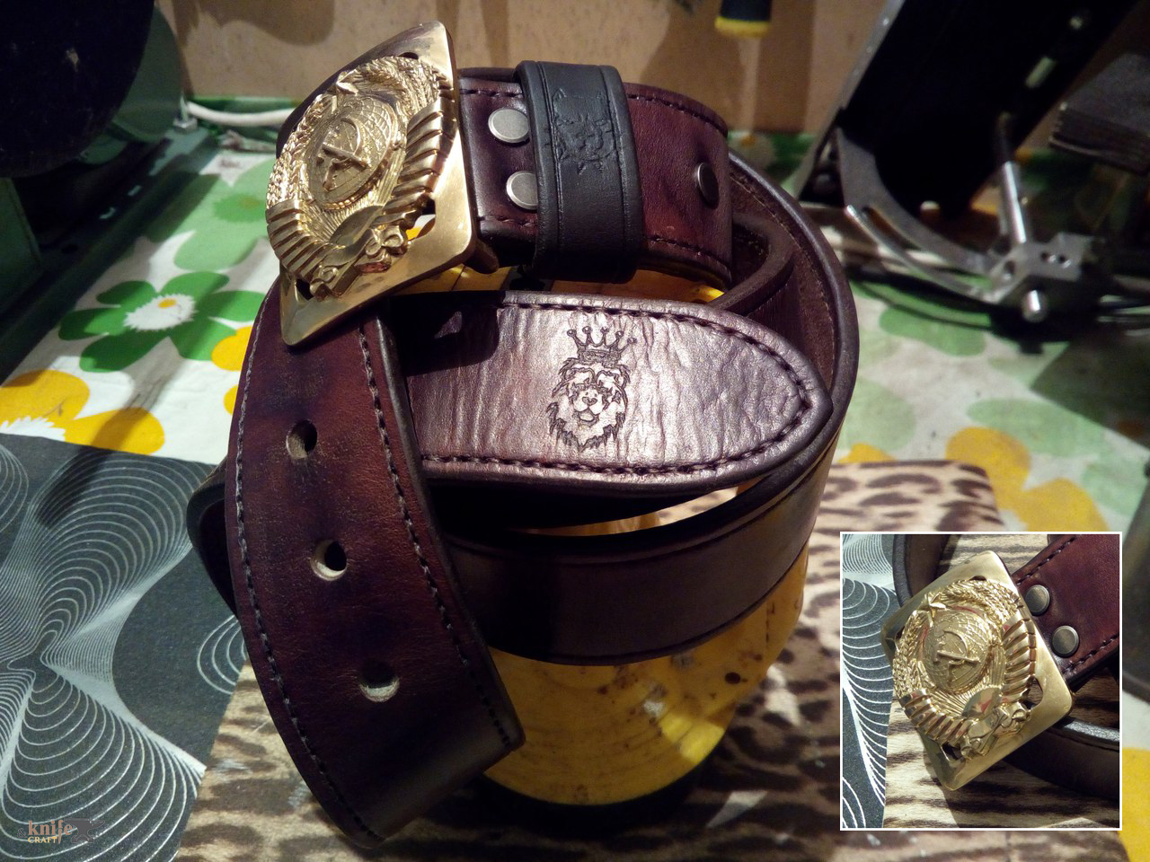 Brown hand-made belt made of buffalo leather "Born in the USSR" and buckle with the emblem of the USSR by Alexandr Mehord
