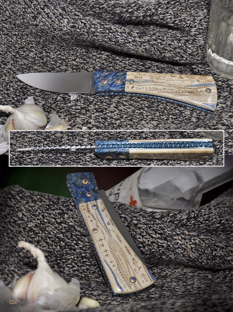 дорогой дизайнерский небольшой походный коллекционный складной нож с накладками из бивня мамонта от Кирилл Левченко (Golova-noga) купить в Томске