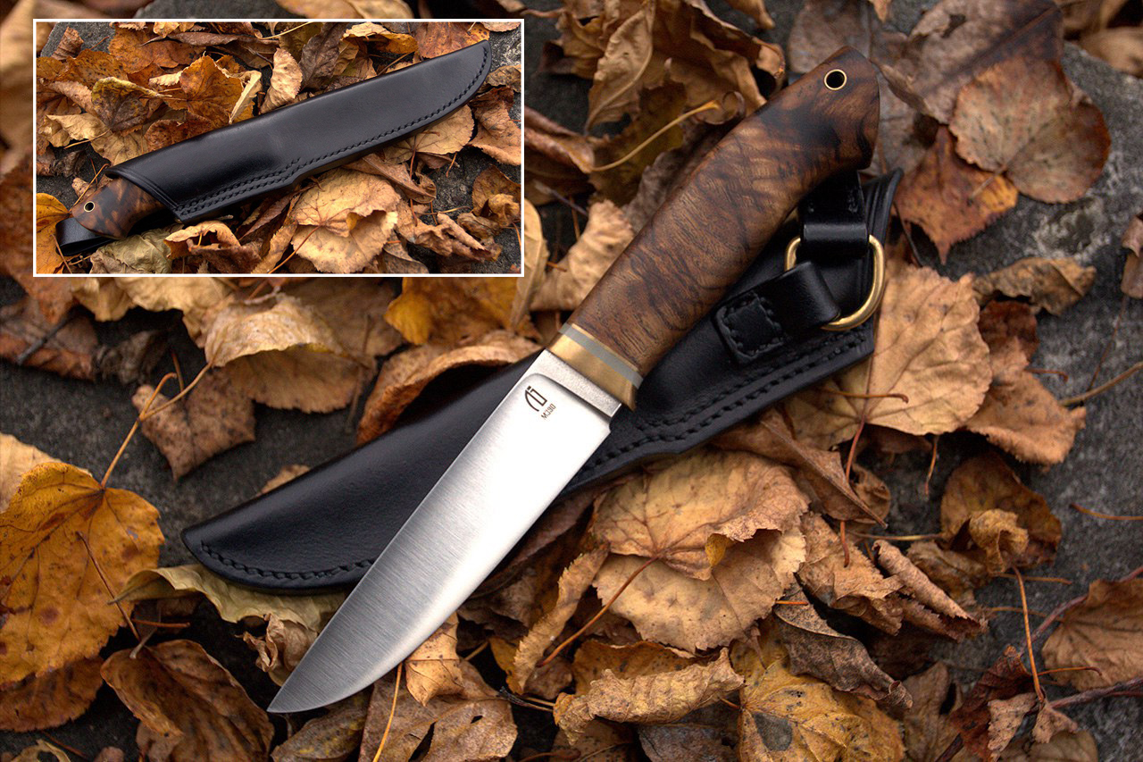 нож Алексея Истратова из M390, стабилизированный каштан, латунь, мунглоу