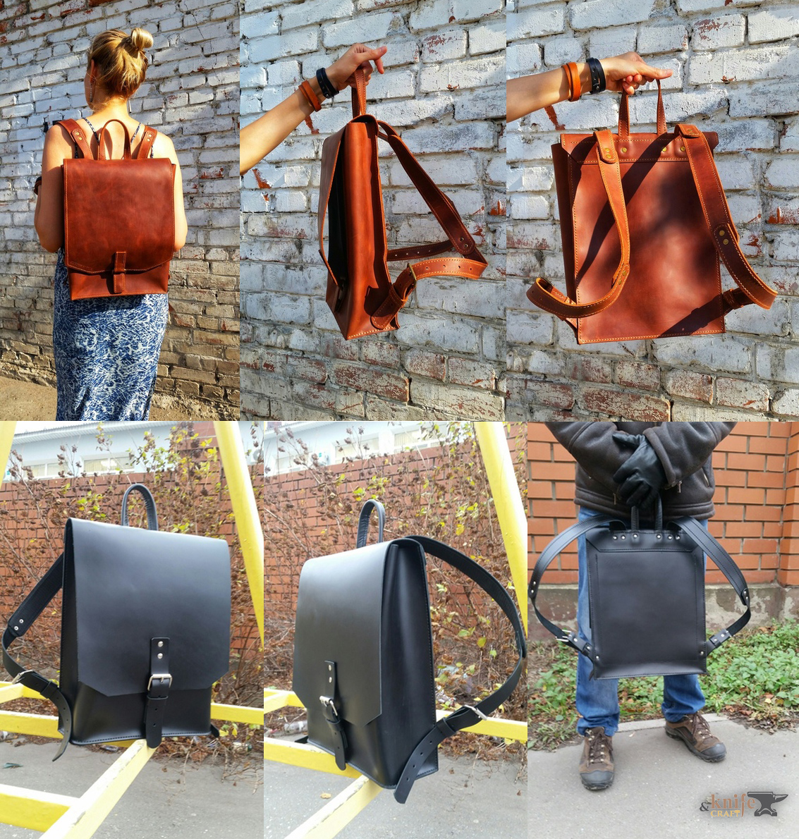мужские и женские кожаные рюкзаки коньячного и черного цвета на заказ