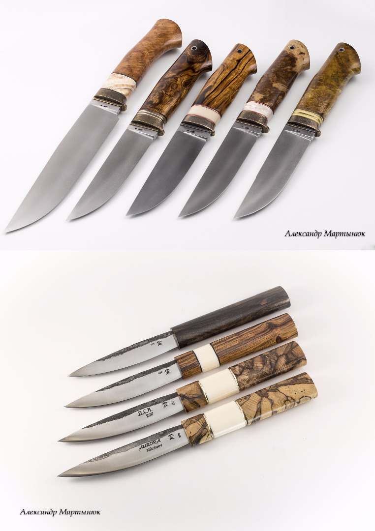 Yakut knives from M390 with handles of stabilized beech spade and walrus tusk, Ironwood Zirikote by Alexander Martynyuk (Emfitemzis)