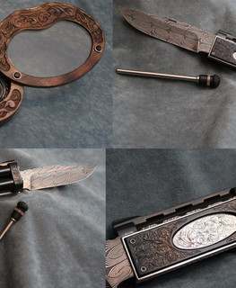 Engraved folding double-barrel pistol-knife by Csaba Vojko