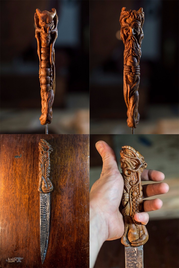 Carved wooden knife handle by "Carved Madness"