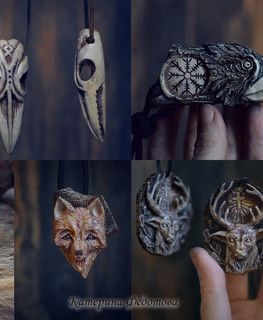 авторские резные кулоны из кости в виде головы, черепа ворон и оленя в Спб от Катерины Федотовой