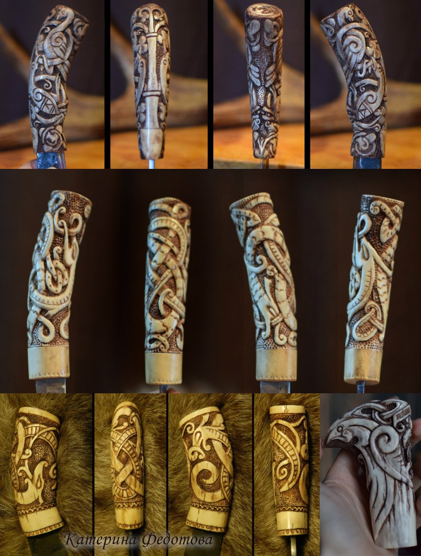авторские резные рукояти для ножей из кости и рога в Спб от Катерины Федотовой