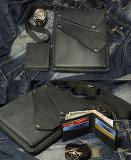 Мужской набор - повседневная сумка и бумажник из черно кожи