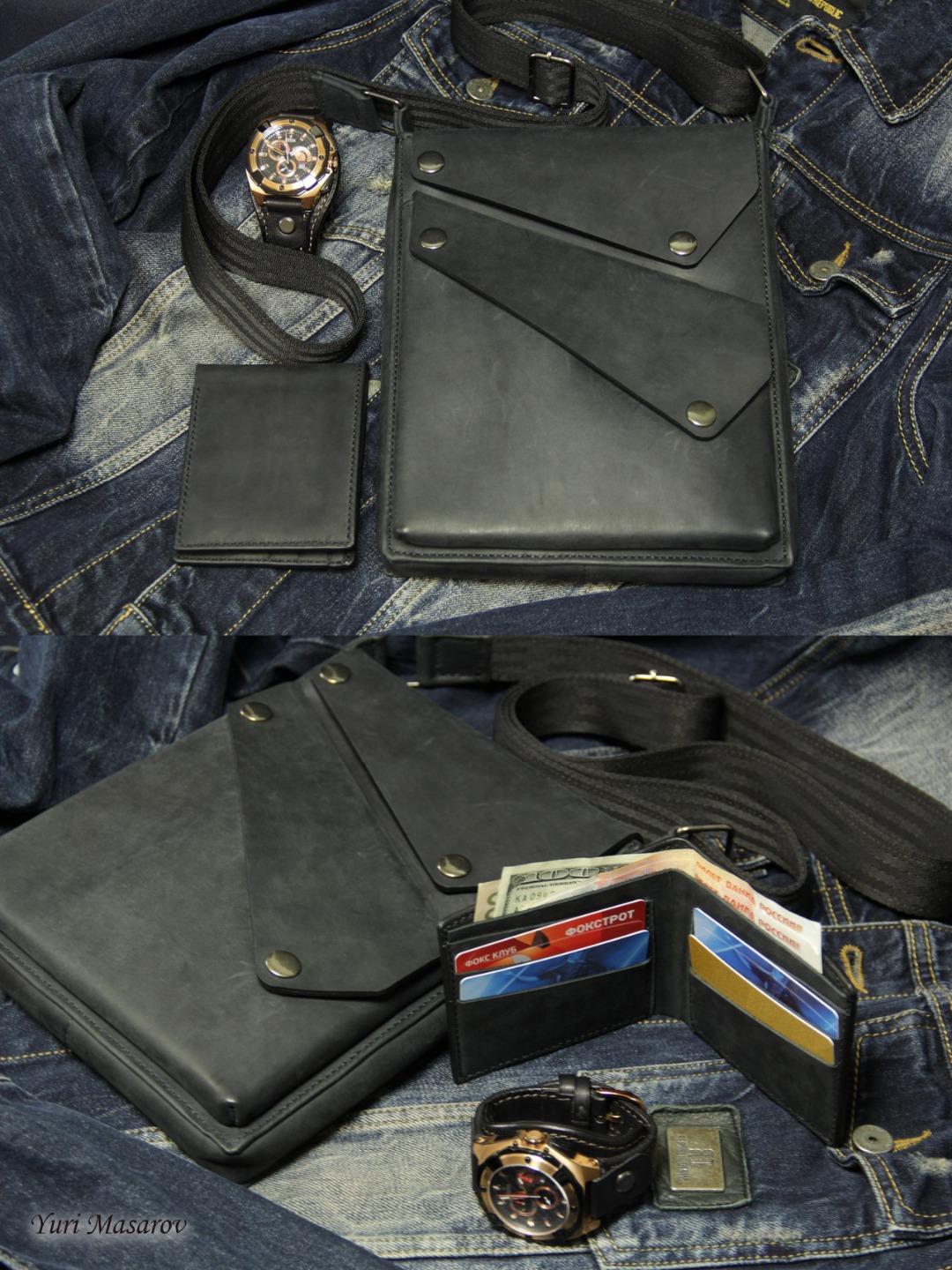 Мужской набор - повседневная сумка и бумажник из черно кожи