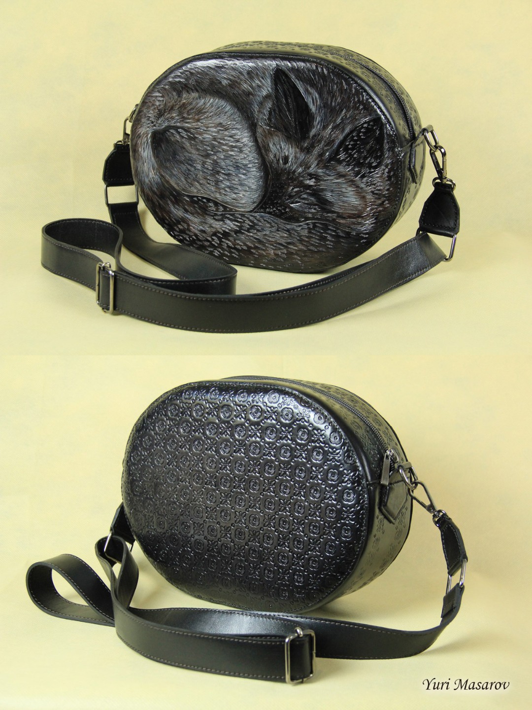 черная женская повседневная сумочка через плечо с изображением черно бурой лисички спящей