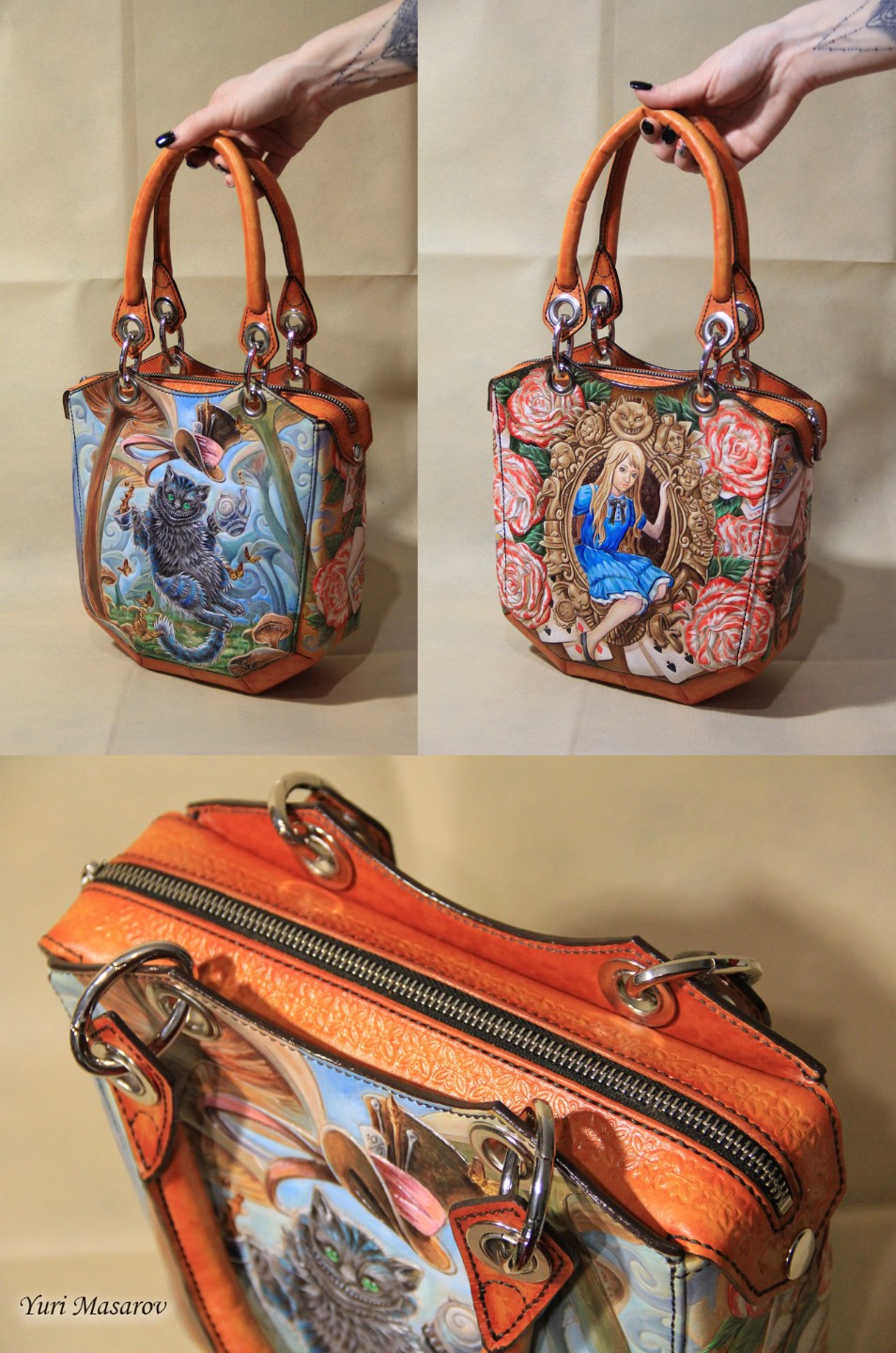Женская кожаная сумка из оранжевой кожи расписанная красками по мотивам "Алиса в стране чудес"