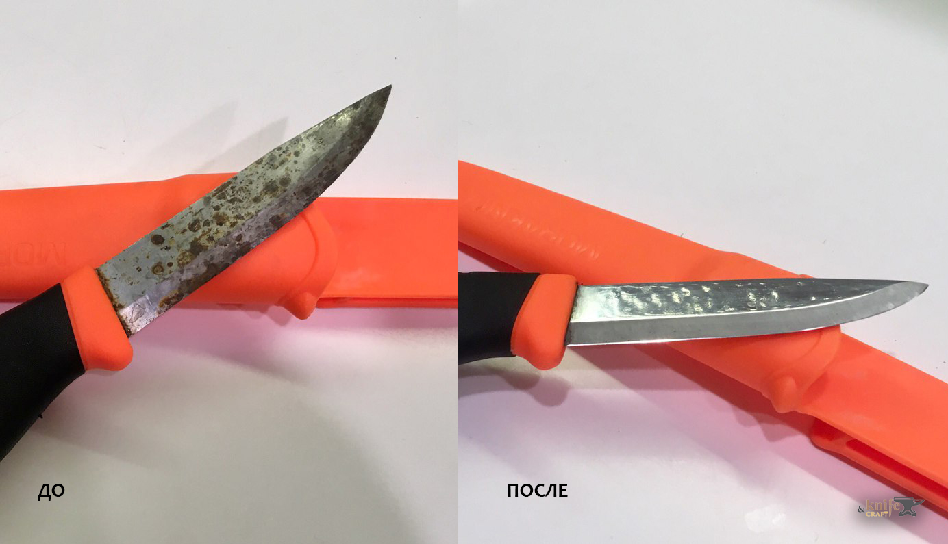 нож мора до и после заточки и удаления ржавчины с клинка