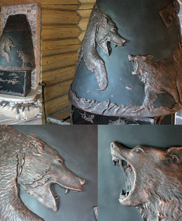 кованная зона ограждение для камина в виде медведя и волка купить (заказать) в Москве