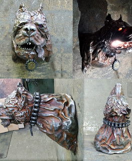 необычный кованый настенный бюст скульптура подсвечник в виде головы собаки (бульдога) из металла