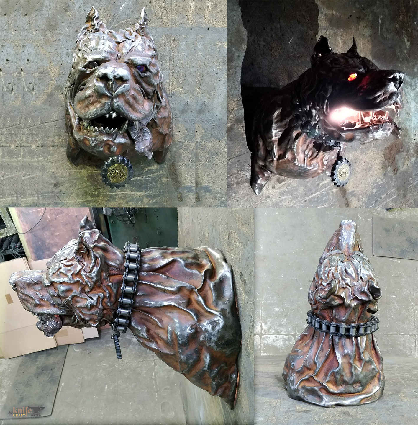 необычный кованый настенный бюст скульптура подсвечник в виде головы собаки (бульдога) из металла 