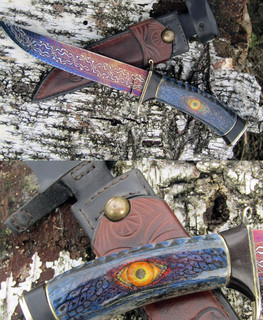 красивый большой нож боуи с глазом дракона на рукоятке Армагон, клинок из моаичного дамаска и рога лося от Алексей "Lex Knives" из Рогачева, Белоруссия