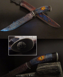 большой охотничий нож в Рогачеве (Белоруссия) из мозаичного дамаска, эбен, рог лося, скримшоу от Алексей Lex Knives