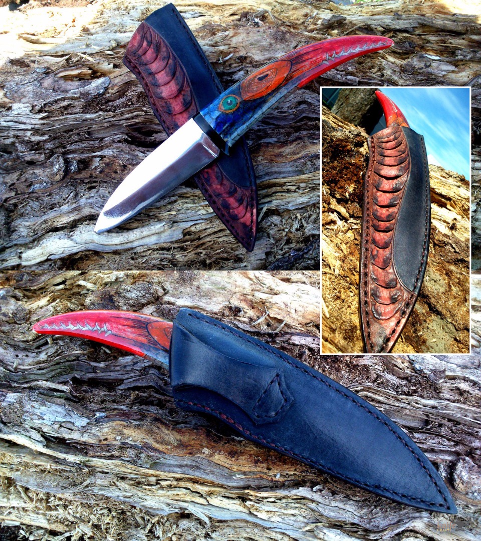оригинальный белорусский нож Морфаз в виде клюва птицы из D2 и ножны в виде чешуи от Алексей "Lex Knives" из Рогачева 