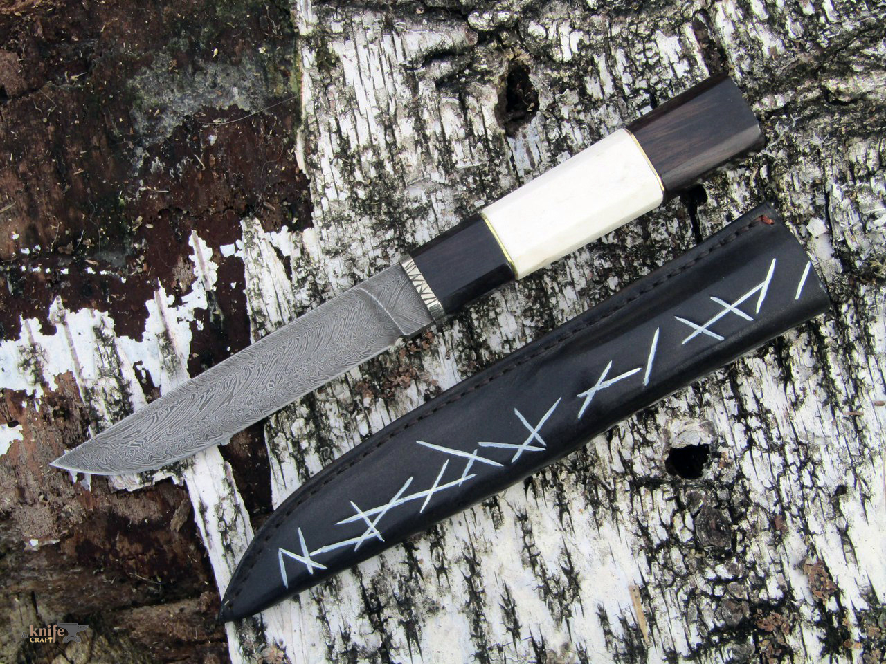 универсальный черно-белый нож "Свифт" из дамаска, рукоятка из эбена и рога лося на заказ от белорусского ножедела Алексей "Lex Knives" из Рогачева
