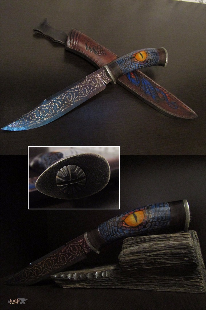 большой охотничий нож в Рогачеве (Белоруссия) из мозаичного дамаска, эбен, рог лося, скримшоу от Алексей Lex Knives 