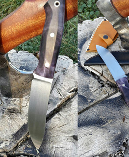 охотничий порошковый цельнометаллический нож фултанг скинер ручной работы и фиолетовой рукояткой из N690 в Пензе