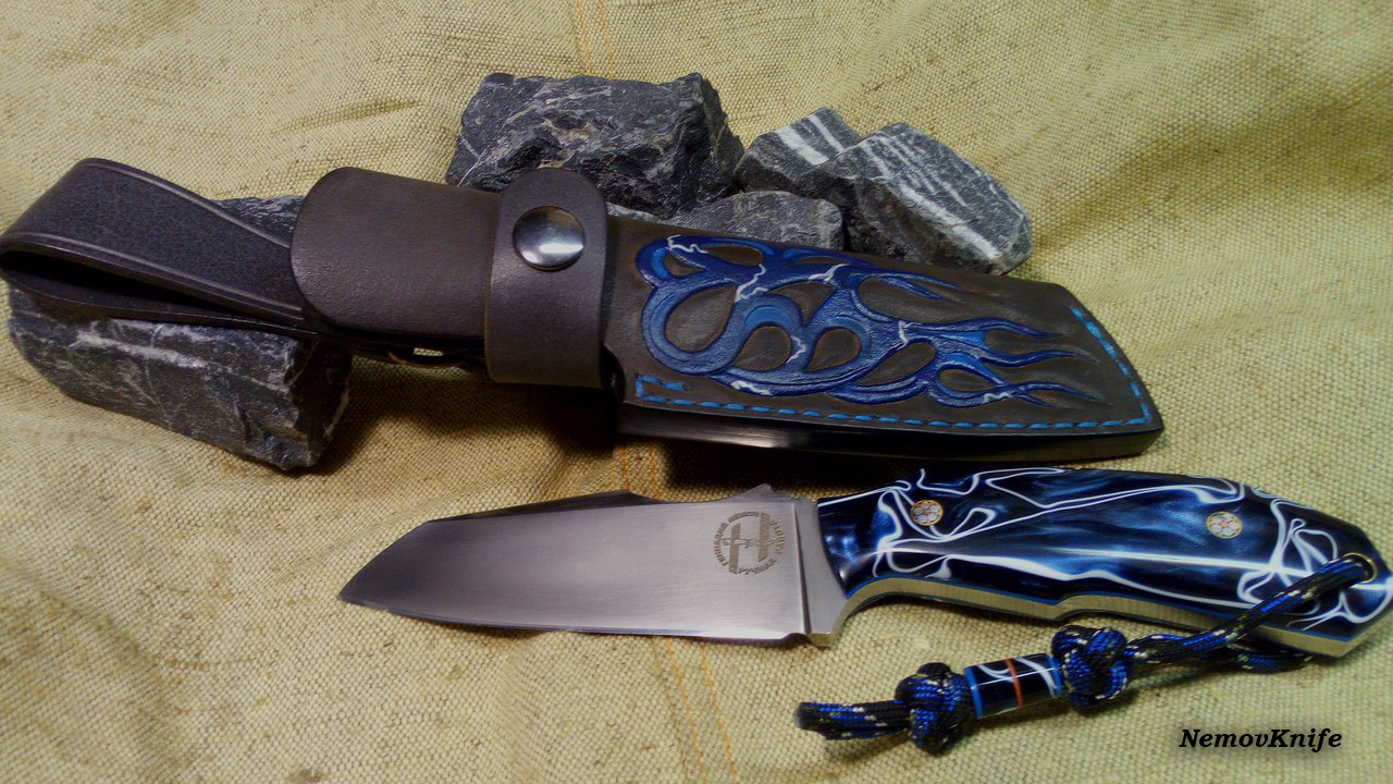 охотничий нож фултанг в стиле Wharncliffe из СPM-S35VN и киринита "старая джинса" мастер Геннадий Немов из Самары