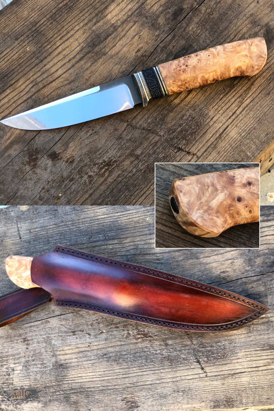 скандинавский кованый нож на заказ из M390 в Тюмени, Ишим. на рукоятке кап березы стабилизированный