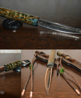 красивый кованый якутский нож для хоты в Москве из шх 15 и зеленой рукояткой из карельской березы