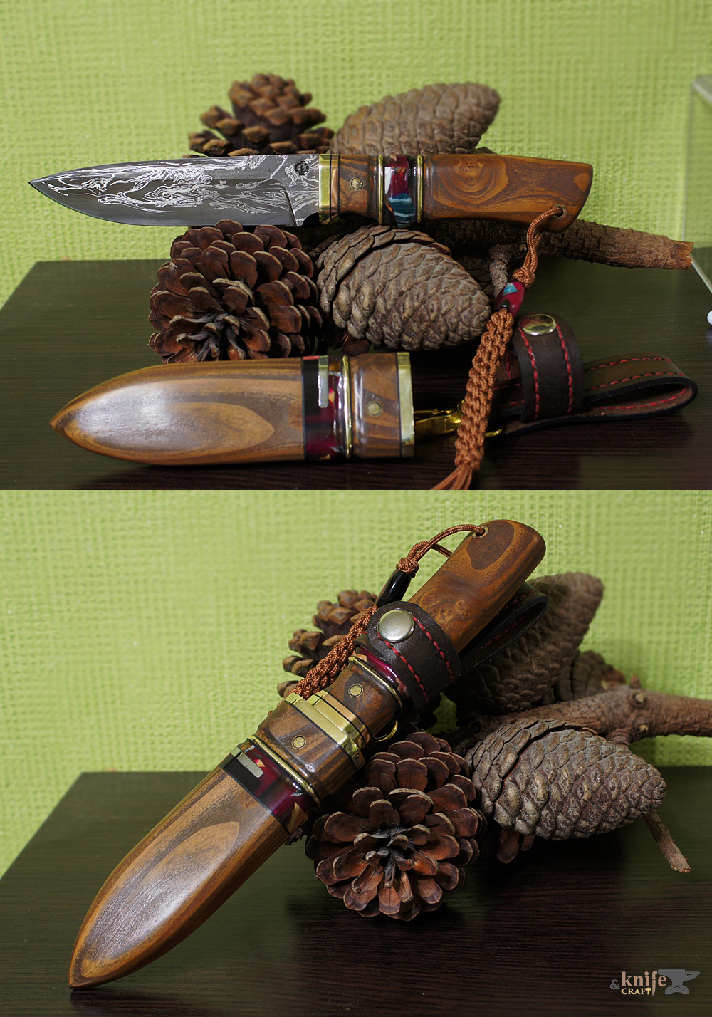 Russian handemade middl fishing knife with laminated Damascus blade