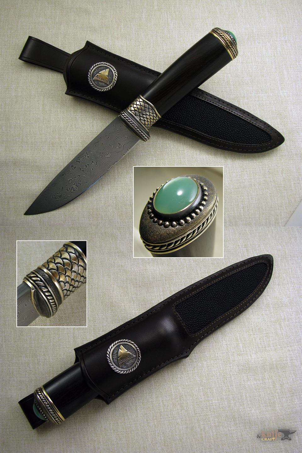 авторский дорогой нож "Морской" из нержавеющего дамасак от zladinox, черной рукояткой с камнем