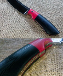 кривой нож малый шкурный разделочный с черно-красной рукоятой, лезвие из порошковой К390 Bohler-Uddeholm спуски вогнутая линза ручной работы в Тамбове