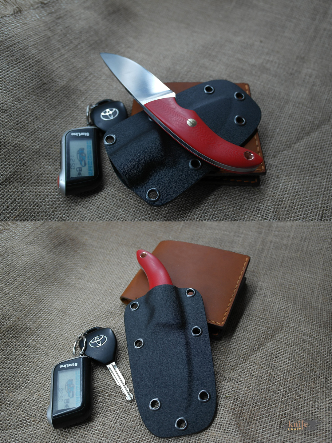 небольшой (малый) красный ЕДС нож ручной работы с черными ножнами из кайдекса в Тамбове 