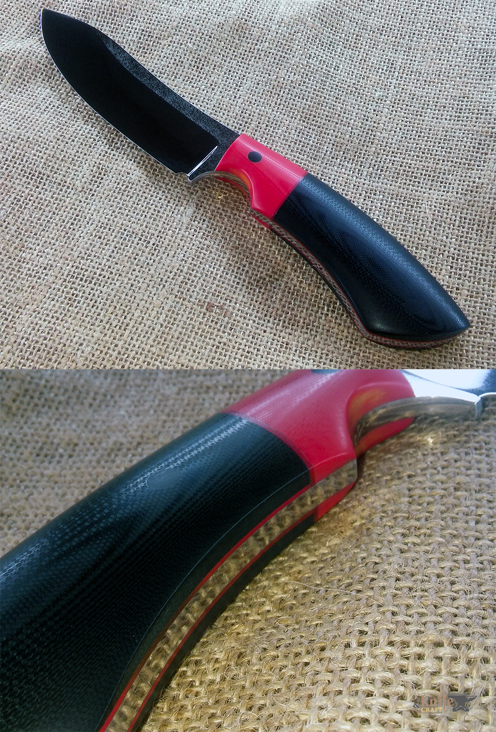 кривой нож малый шкурный разделочный с черно-красной рукоятой, лезвие из порошковой К390 Bohler-Uddeholm спуски вогнутая линза ручной работы в Тамбове 