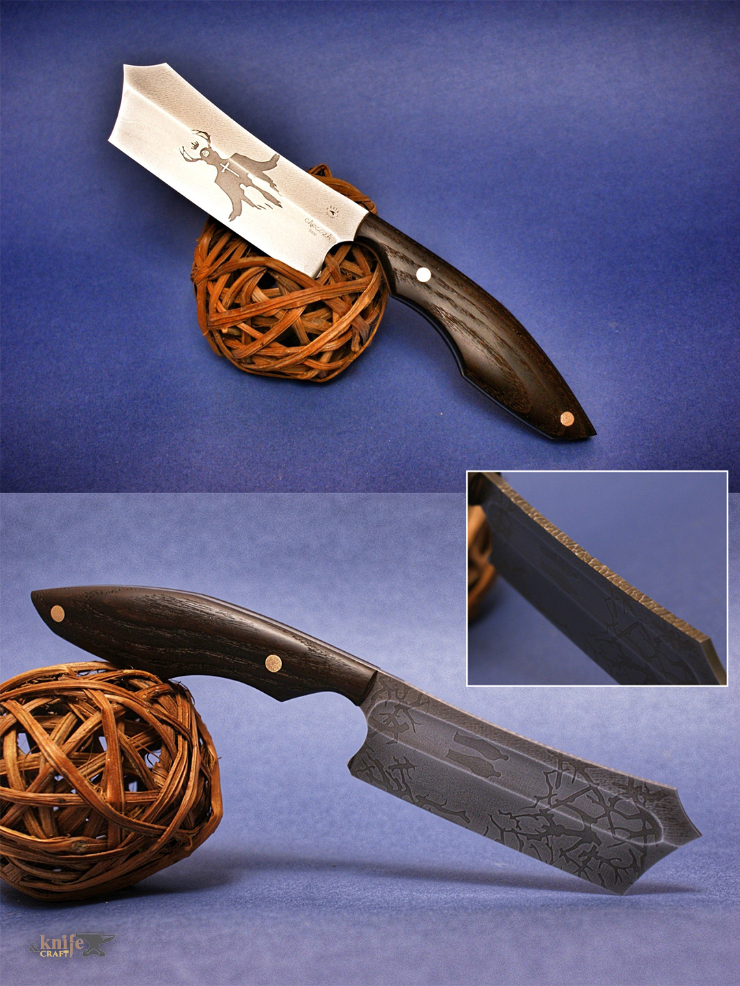 russian handemade fulltang knife with B400 and image of a knight on the blade